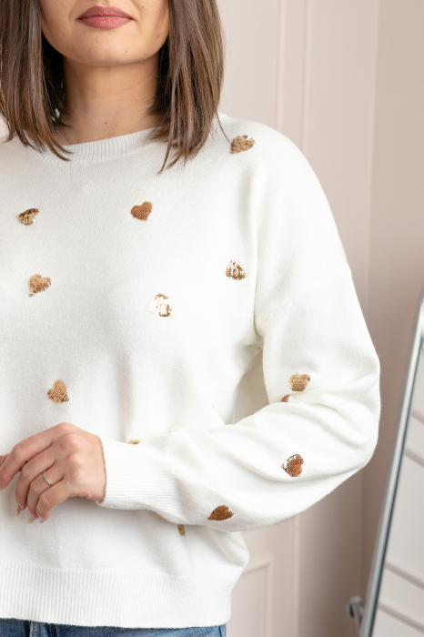 Pulover alb Riley cu inimioare din paiete aurii [2]