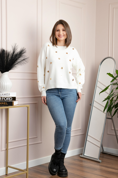 Pulover alb Riley cu inimioare din paiete aurii [4]