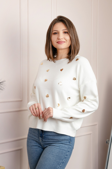 Pulover alb Riley cu inimioare din paiete aurii [3]
