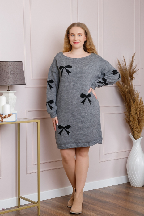 Pulover Bonnie gri tip rochie cu fundite