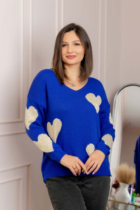 Pulover Carina albastru cu inimioare si decolteu in V [1]