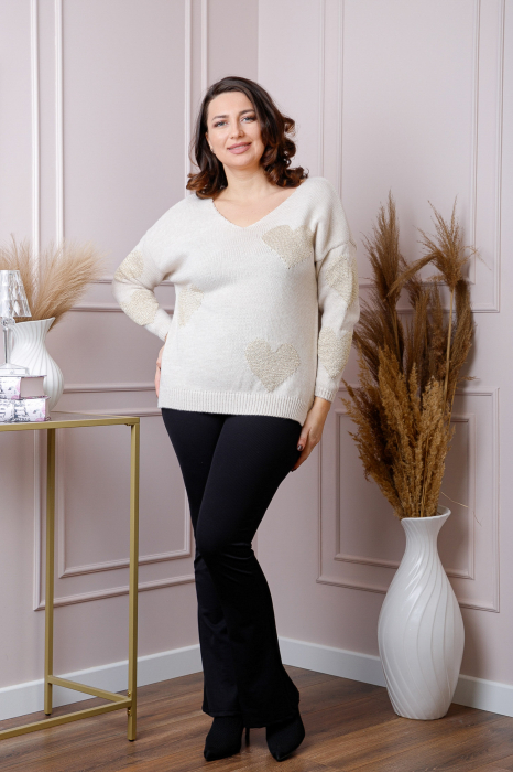 Pulover Carina ecru cu inimioare si decolteu in V [4]