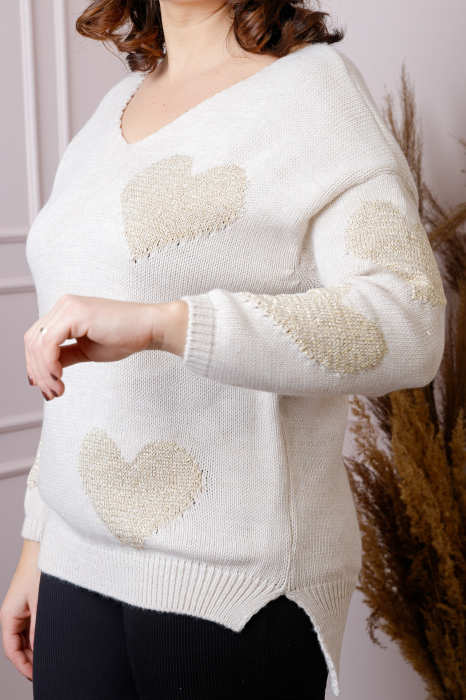 Pulover Carina ecru cu inimioare si decolteu in V [2]
