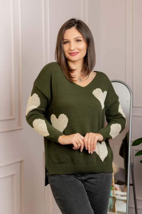 Pulover Carina kaki cu inimioare si decolteu in V [1]