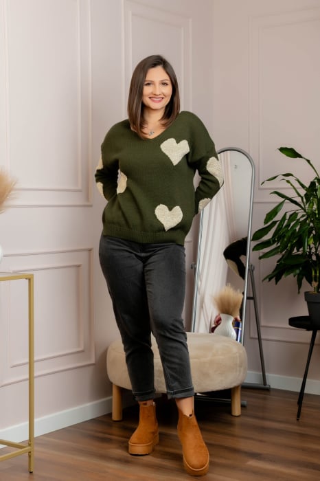 Pulover Carina kaki cu inimioare si decolteu in V [4]