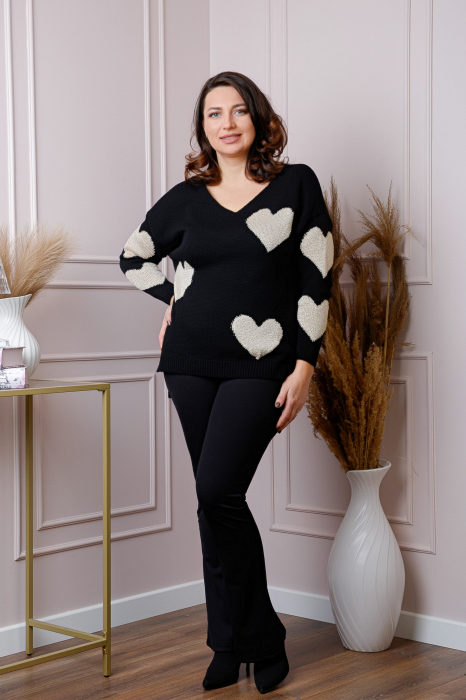 Pulover Carina negru cu inimioare si decolteu in V [4]