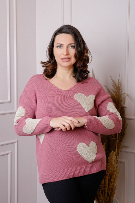 Pulover Carina roz cu inimioare si decolteu in V [3]