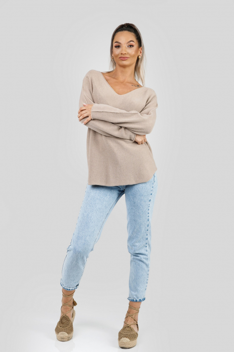 Pulover casual bej cu maneci liliac [4]