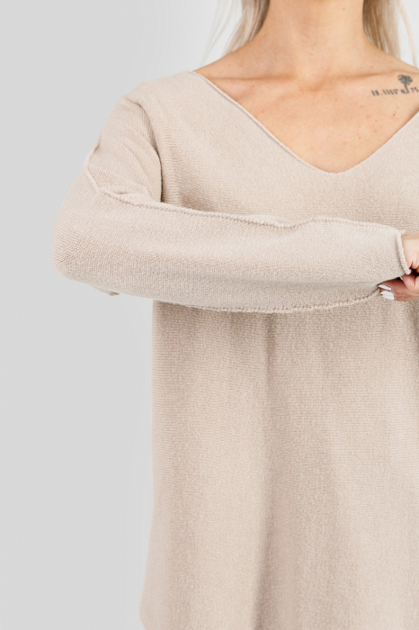 Pulover casual bej cu maneci liliac [2]