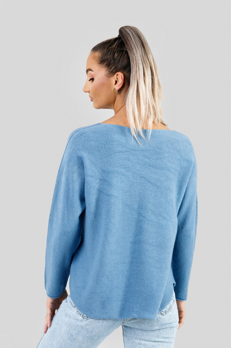 Pulover casual bleu cu maneci liliac [3]