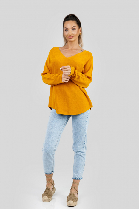 Pulover casual galben mustar cu maneci liliac [4]