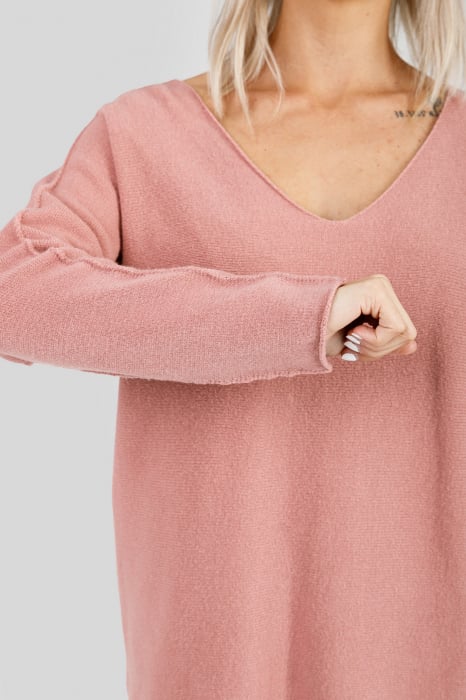 Pulover casual roz somon cu maneci liliac [2]