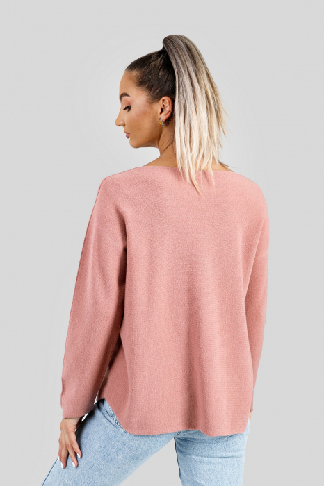 Pulover casual roz somon cu maneci liliac [3]