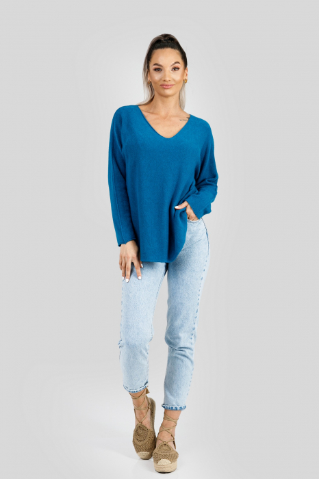 Pulover casual turcoaz inchis cu maneci liliac [4]