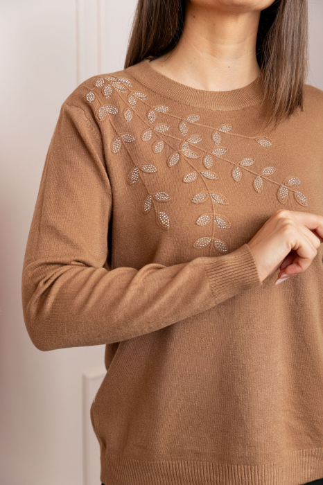 Pulover dama camel cu casmir si strasuri Thea [2]