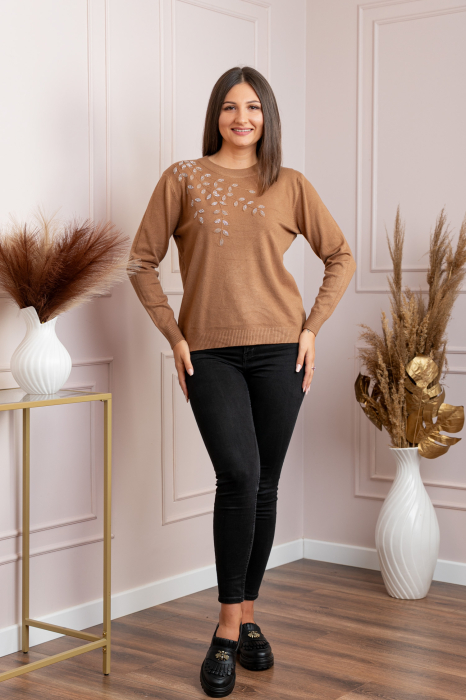 Pulover dama camel cu casmir si strasuri Thea [4]