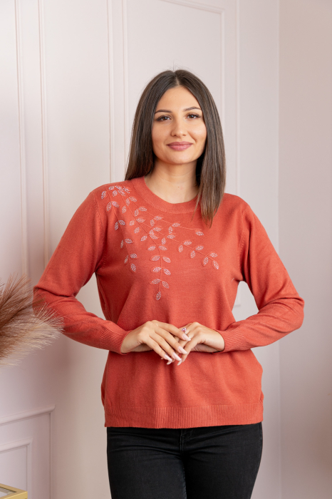 Pulover dama caramiziu cu casmir si strasuri Thea