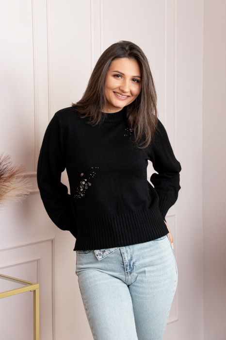 Pulover dama negru cu casmir, margele si paiete Mindy