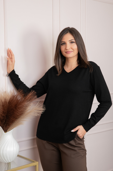 Pulover dama negru cu casmir si decolteu in V Doreen