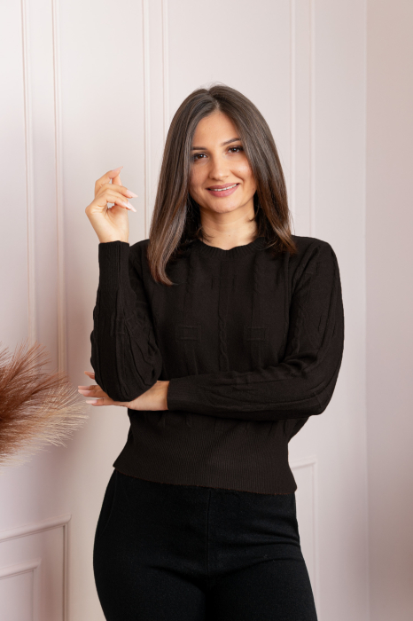 Pulover dama negru cu casmir si model reliefat Naya