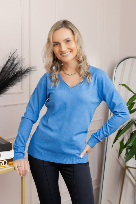 Pulover Gabriella din tricot subtire cu decolteu in V - Albastru [3]