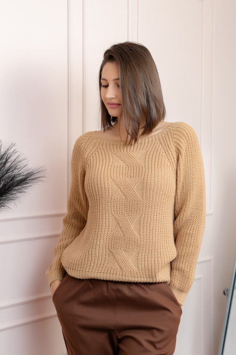 Pulover gros Sydney din tricot moale cu model impletit - Camel [1]