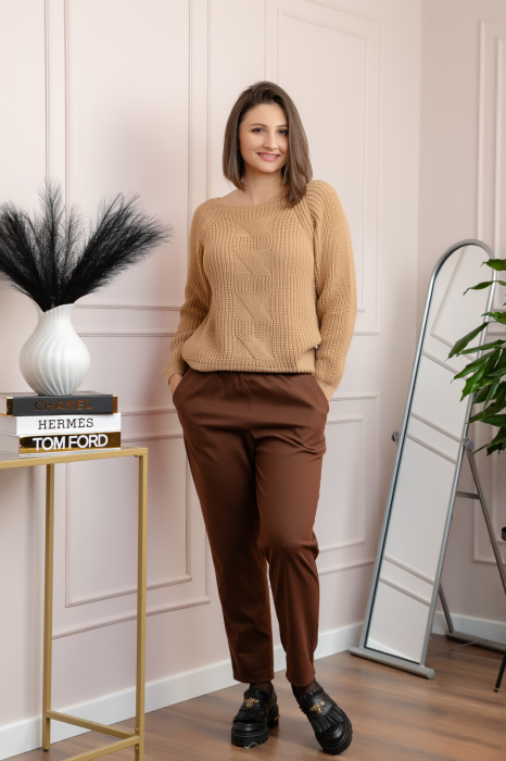 Pulover gros Sydney din tricot moale cu model impletit - Camel [4]