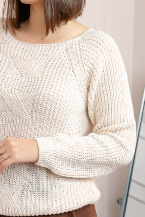 Pulover gros Sydney din tricot moale cu model impletit - Ivoire [2]