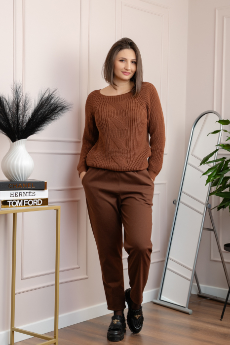 Pulover gros Sydney din tricot moale cu model impletit - Maro [4]