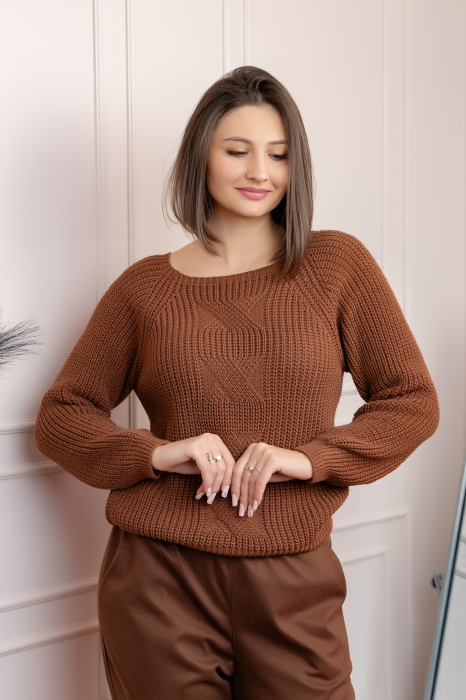 Pulover gros Sydney din tricot moale cu model impletit - Maro [3]