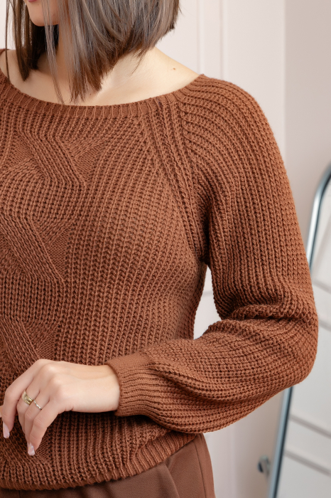 Pulover gros Sydney din tricot moale cu model impletit - Maro [2]