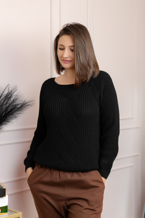 Pulover gros Sydney din tricot moale cu model impletit - Negru [1]