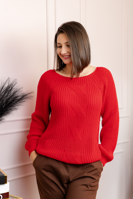 Pulover gros Sydney din tricot moale cu model impletit - Rosu [1]