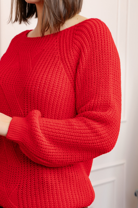 Pulover gros Sydney din tricot moale cu model impletit - Rosu [2]