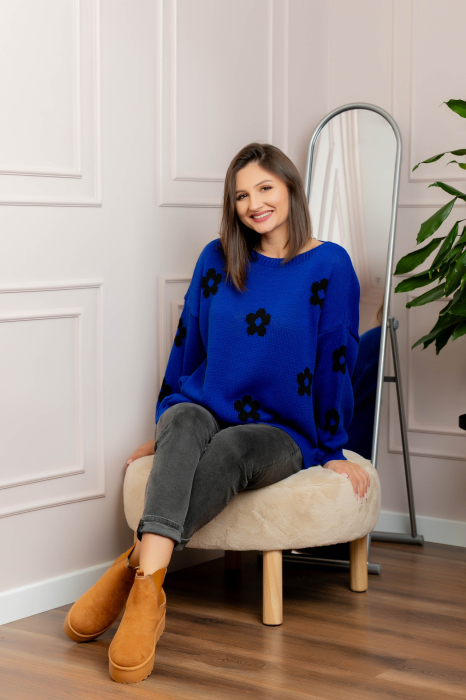 Pulover lejer April din tricot cu floricele - Albastru [2]