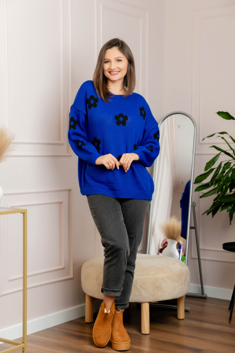 Pulover lejer April din tricot cu floricele - Albastru [3]