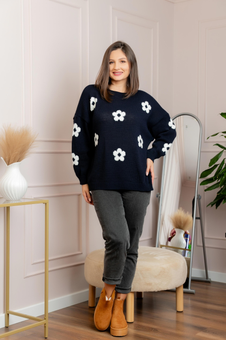 Pulover lejer April din tricot cu floricele - Bleumarin [3]