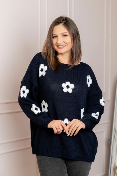 Pulover lejer April din tricot cu floricele - Bleumarin [2]