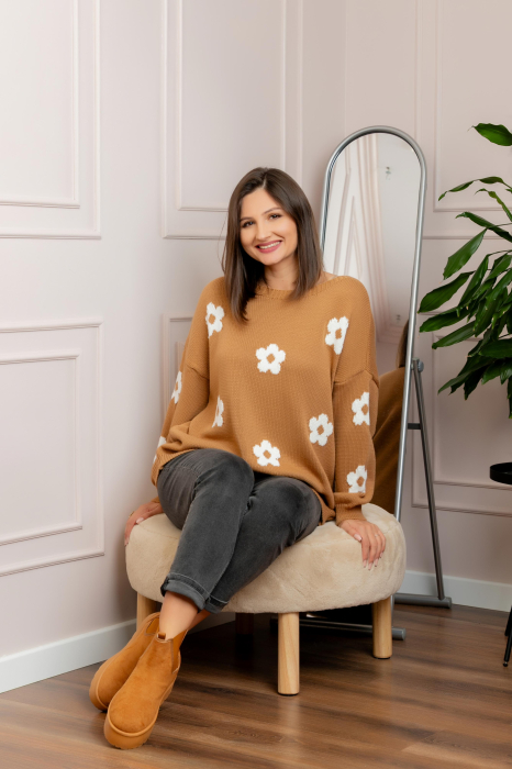 Pulover lejer April din tricot cu floricele - Camel [2]