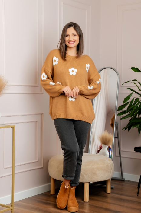 Pulover lejer April din tricot cu floricele - Camel [3]