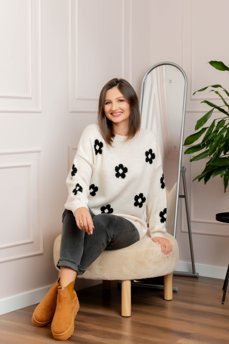 Pulover lejer April din tricot cu floricele - Ecru [2]