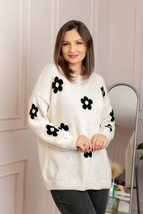 Pulover lejer April din tricot cu floricele - Ecru [4]