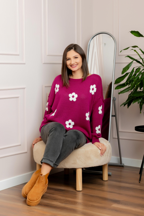 Pulover lejer April din tricot cu floricele - Fuchsia [2]