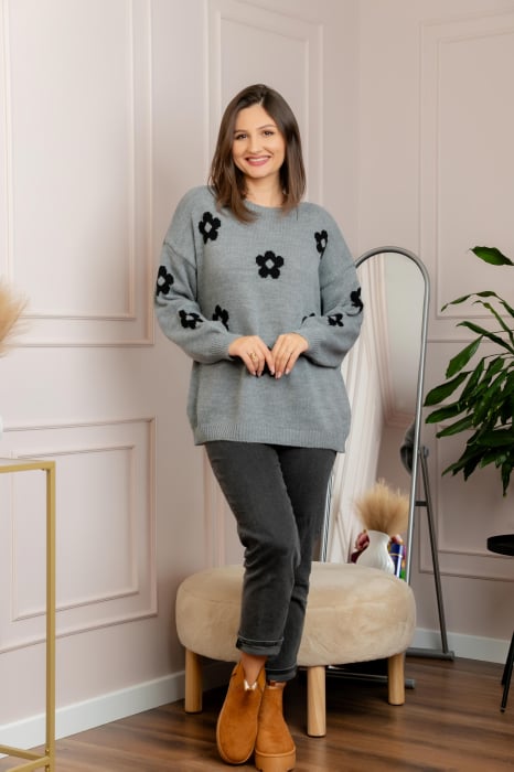 Pulover lejer April din tricot cu floricele - Gri [3]
