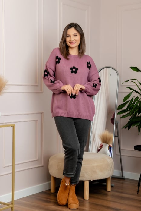Pulover lejer April din tricot cu floricele - Lila [3]
