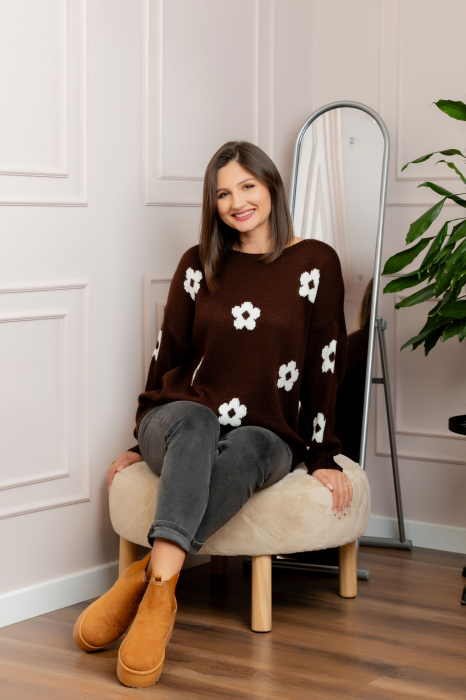 Pulover lejer April din tricot cu floricele - Maro [2]