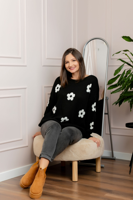 Pulover lejer April din tricot cu floricele - Negru [3]