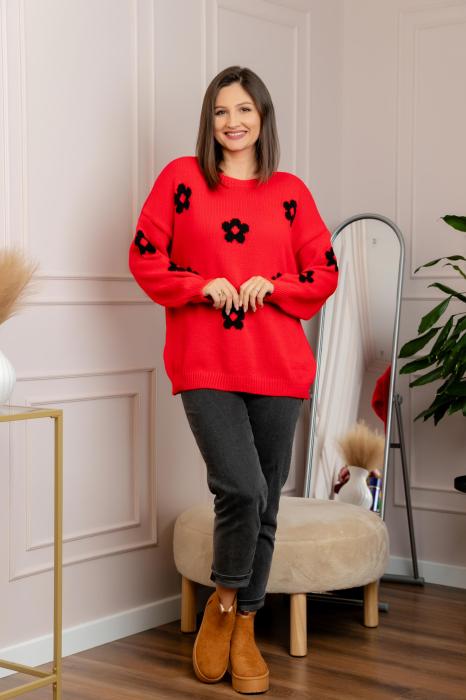 Pulover lejer April din tricot cu floricele - Rosu [3]
