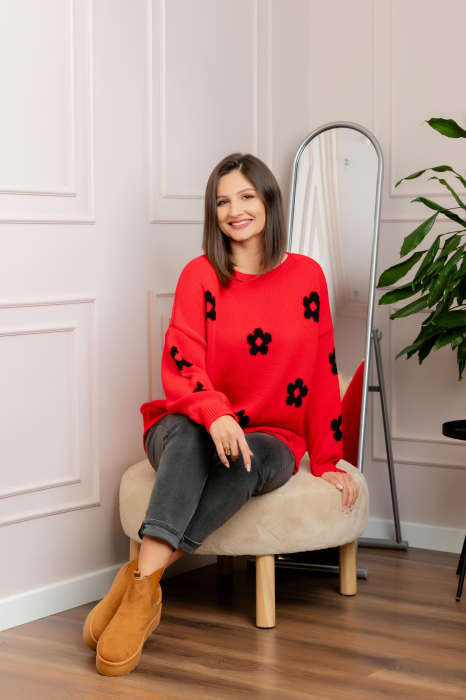 Pulover lejer April din tricot cu floricele - Rosu [2]
