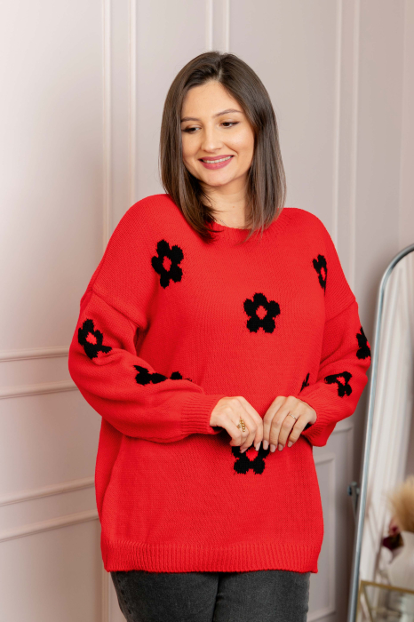 Pulover lejer April din tricot cu floricele - Rosu [4]